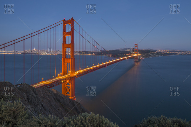 View of Golden Gate Bridge from Golden Gate Bridge Vista Point at dusk, San Francisco, California, United States of America, North America