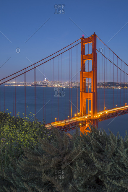 View of Golden Gate Bridge from Golden Gate Bridge Vista Point at dusk, San Francisco, California, United States of America, North America