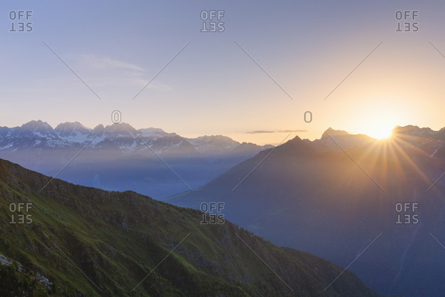 Sunrise at high altitude with Bernina mountain range in the background, Valmalenco, Valtellina, Lombardy, Italy, Europe
