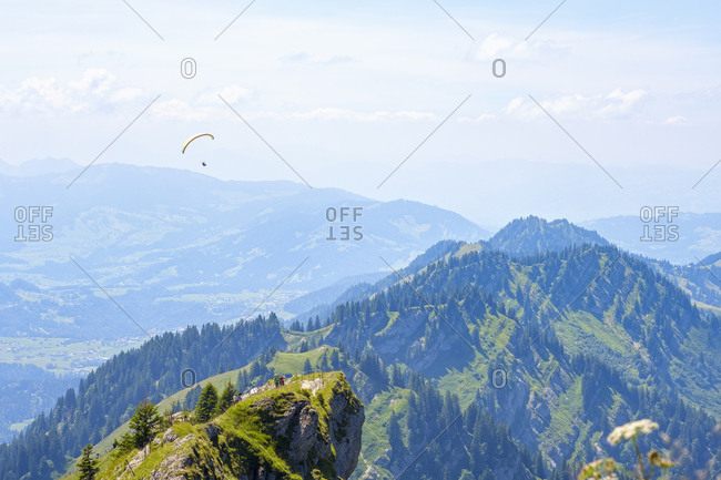 Germany- Bavaria- Allgaeu- Oberallgaeu- Oberstaufen- Allgaeu Alps- View from Hochgrat- Nagelfluhkette- paraglider