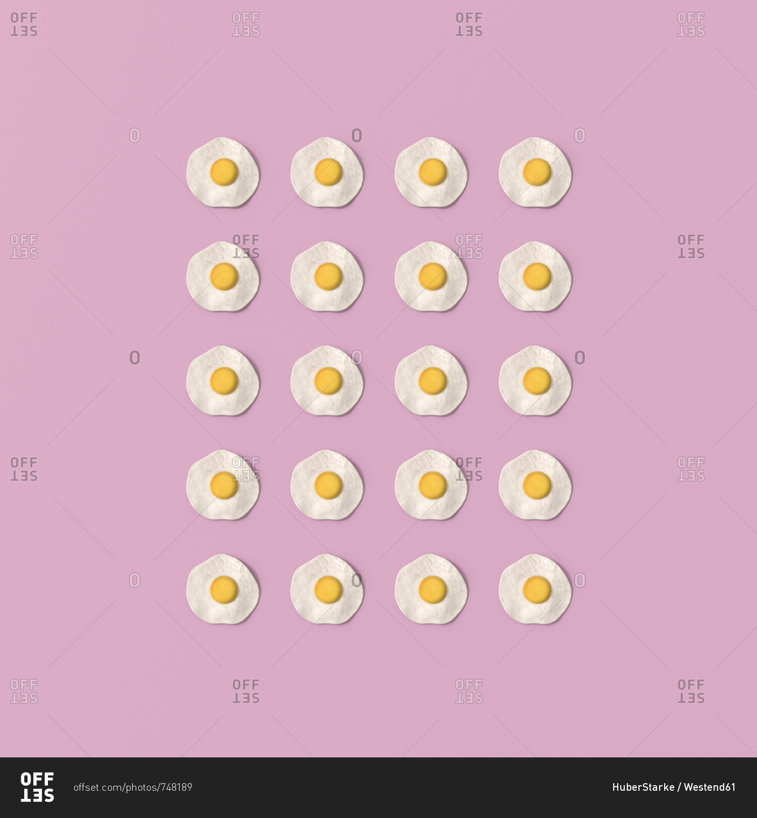 3D rendering- Rows of fried eggs on pink background