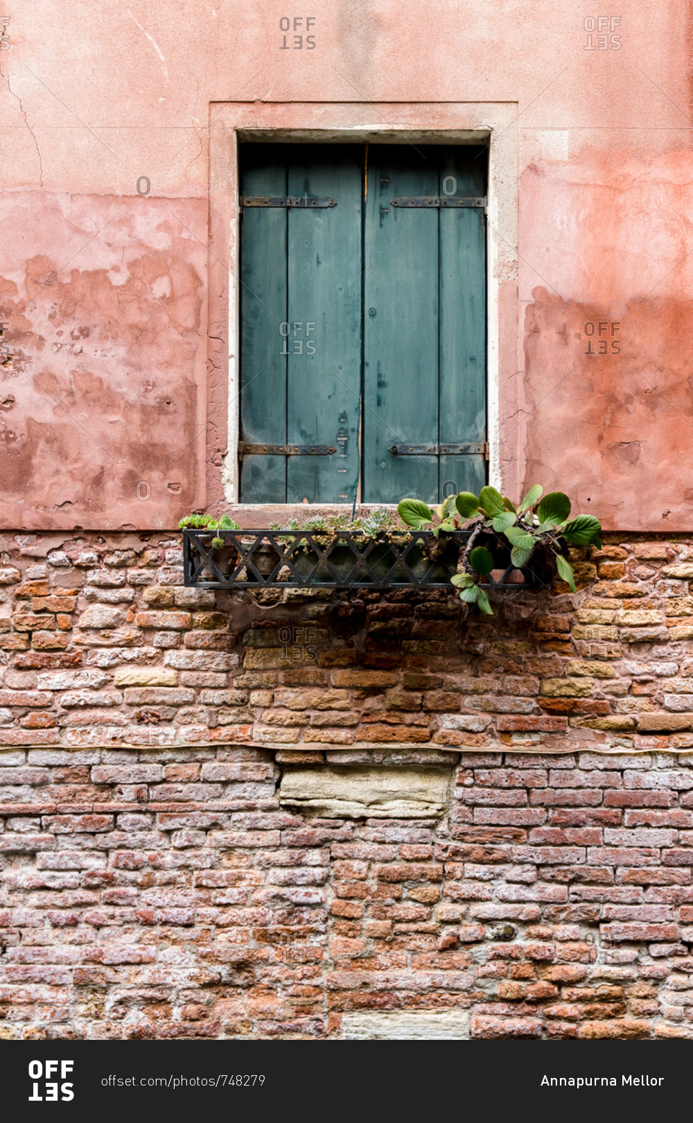 Window on building with closed shutters and planter box in Venice, Italy