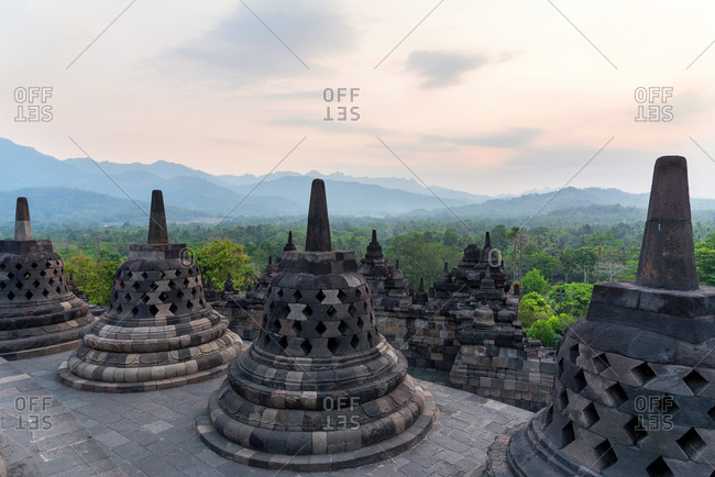Some stupas of Borobudur temple, a Buddhist complex in Java, Indonesia.