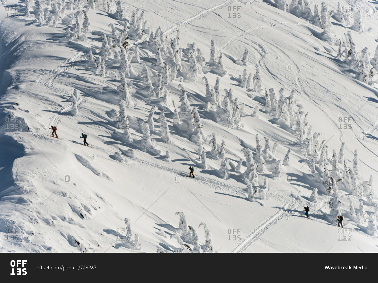 Group of skiers walking on a snowy mountain during winter