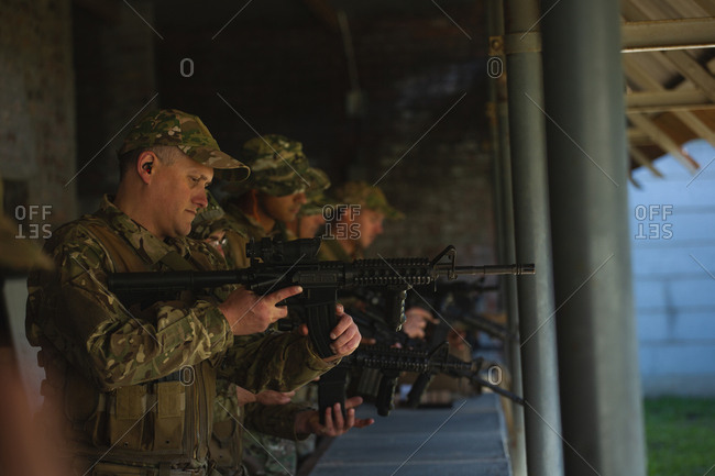 Military soldiers training together during military training