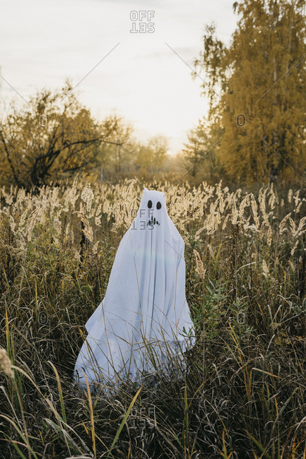 Person dressed up as a ghost standing in a field at sunset stock photo ...