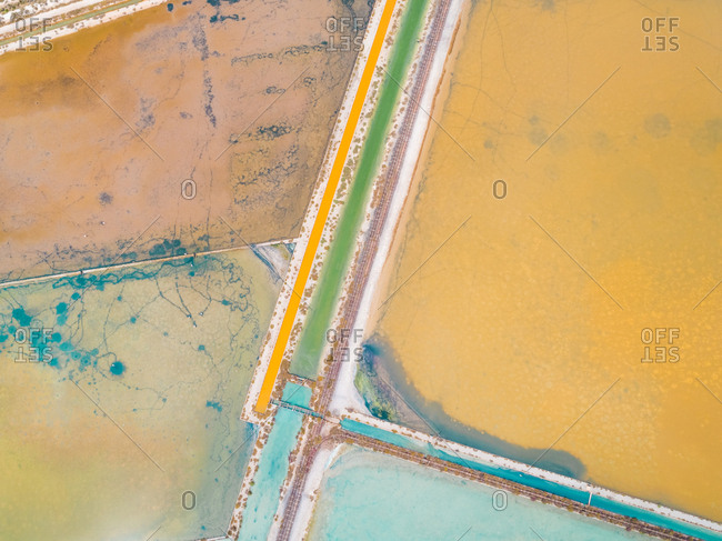 Aerial abstract view of colourful saline lakes, Cagliari, Sardinia