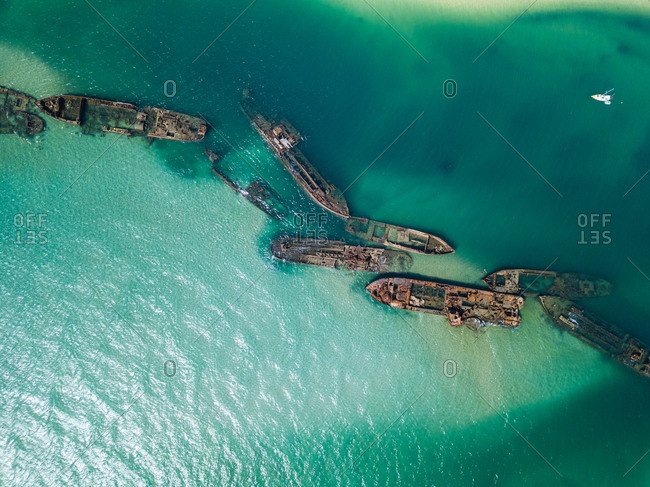 Aerial view of Tangalooma shipwrecks in Moreton Bay, Queensland Australia
