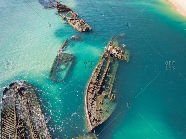 Aerial view of Tangalooma shipwrecks in Moreton Bay, Queensland Australia