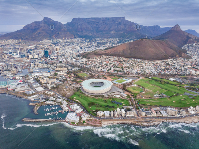 Aerial panoramic view of Mouille Point and Green Point stadium,  Cape Town, South Africa