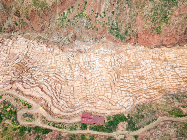 Aerial abstract view of Inca salt pans of Maras, Peru