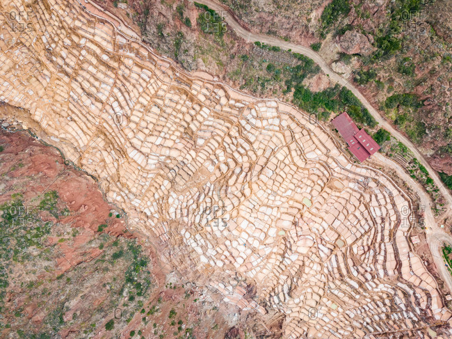 Aerial abstract view of Inca salt pans of Maras, Peru