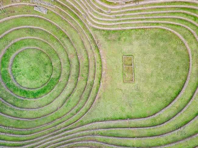 Aerial close up view of terraced circular depressions of Moray archeological site, Peru