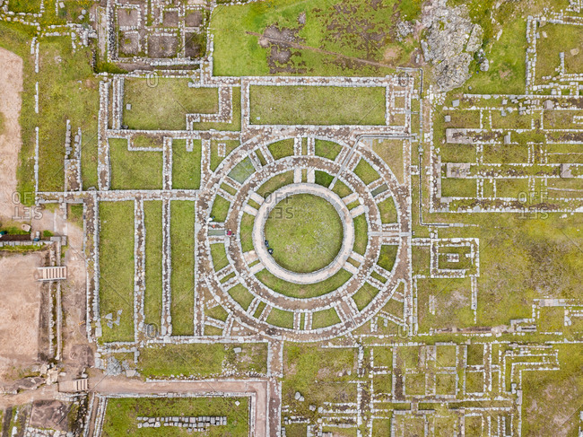 Aerial close up view of ruins in Cuzco city, Peru