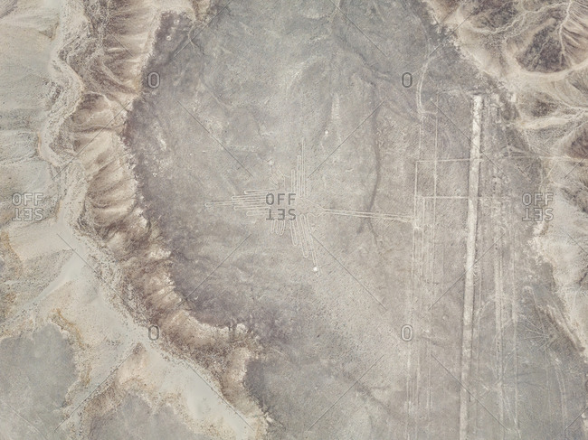 Aerial view of geometric shapes  geoglyph in Nazca, Peru