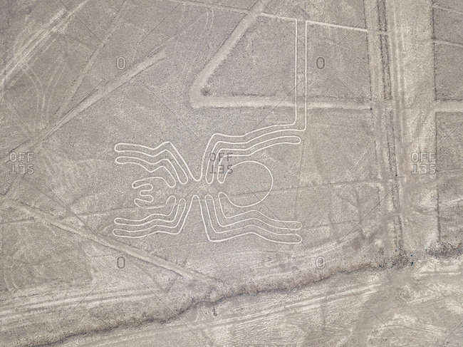 Aerial view of spider zoomorphic geoglyph in Nazca, Peru