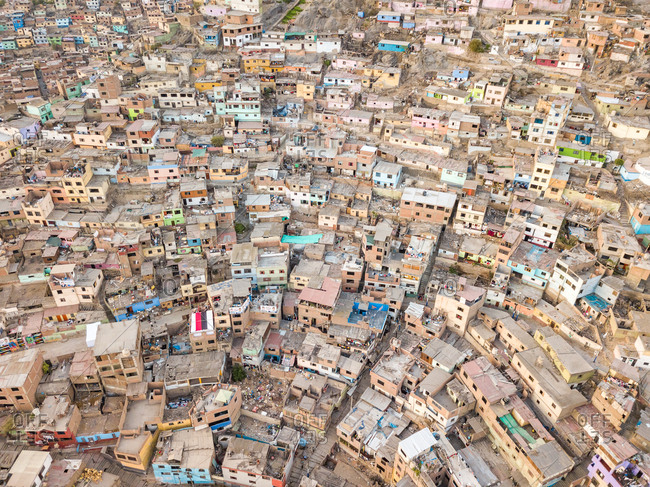 Lima, Peru - March 24, 2018: Aerial view of geometrical residential buildings and houses in Lima, Peru