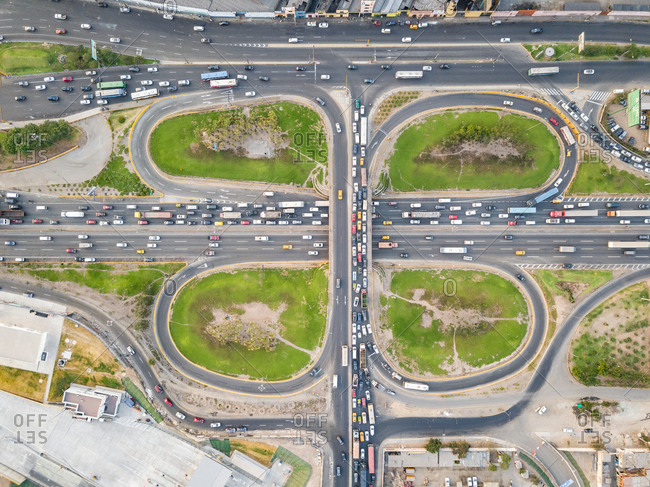 Rimac, Peru - March 24, 2018: Aerial view of geometrical roundabouts and roads in Rimac, Peru