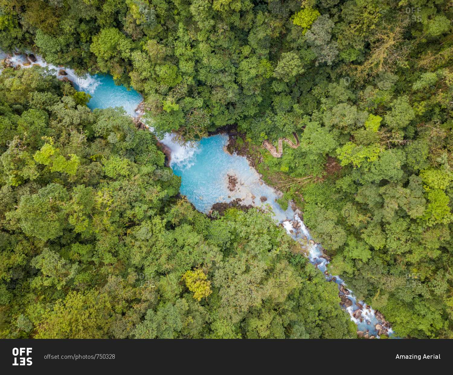Aerial view of Celeste waterfall in Tenorio Volcano National Park, Costa Rica