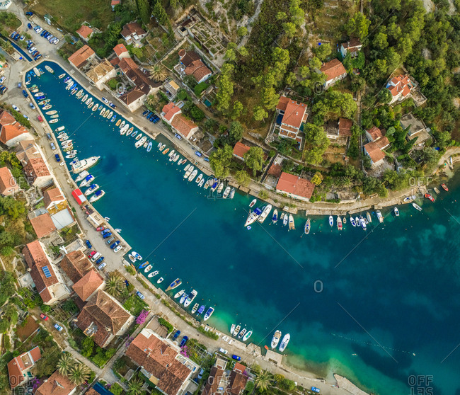 Aerial view of boats in harbour and Sutivan town, Brac island, Croatia