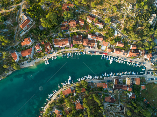 Aerial view of boats in harbour and Sutivan town, Brac island, Croatia