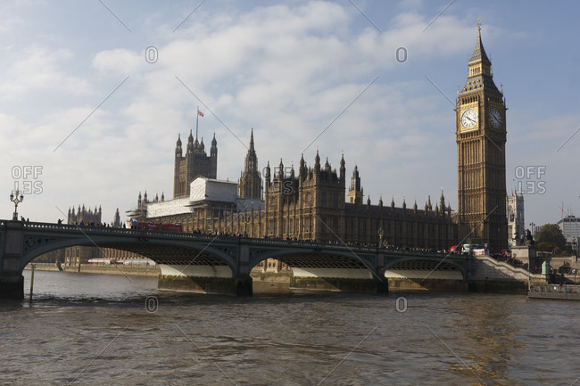 The view of the London Eye, River Thames and Big Ben from the Golden  Jubilee Bridge stock photo - OFFSET