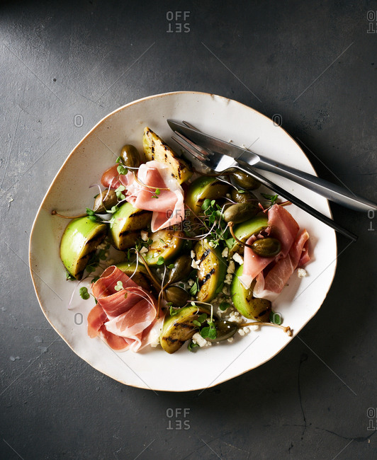 A bowl of Charred Green Tomato Salad
