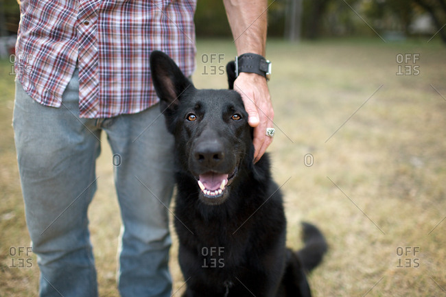 Man petting his black dog