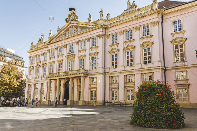 BRATISLAVA, OCTOBER 3, 2016: Primate's Palace at Primacialne namestie (Primate's square). The Primatial palace, seat of signing the Fourth peace of Pressburg (now Bratislava) between Austria and France in 1805. was signed by Napoleon and the Holy Roman Emperor Francis II in the Primates Hall of Mirrors.