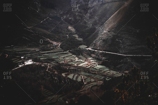 Picturesque drone view of majestic hilly terrain in Portugal countryside