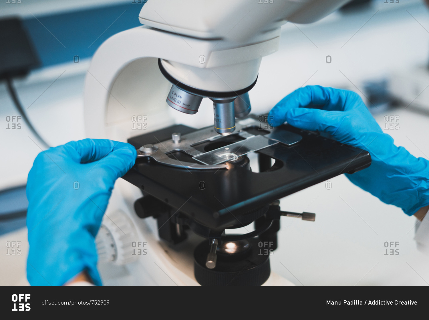 Crop view of hands of medical worker in blue rubber gloves using microscope for research