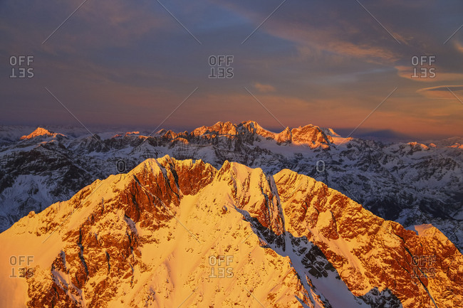 Aerial view of Mount Disgrazia and Bernina Group at sunset Masino Valley Valtellina Lombardy Italy Europe
