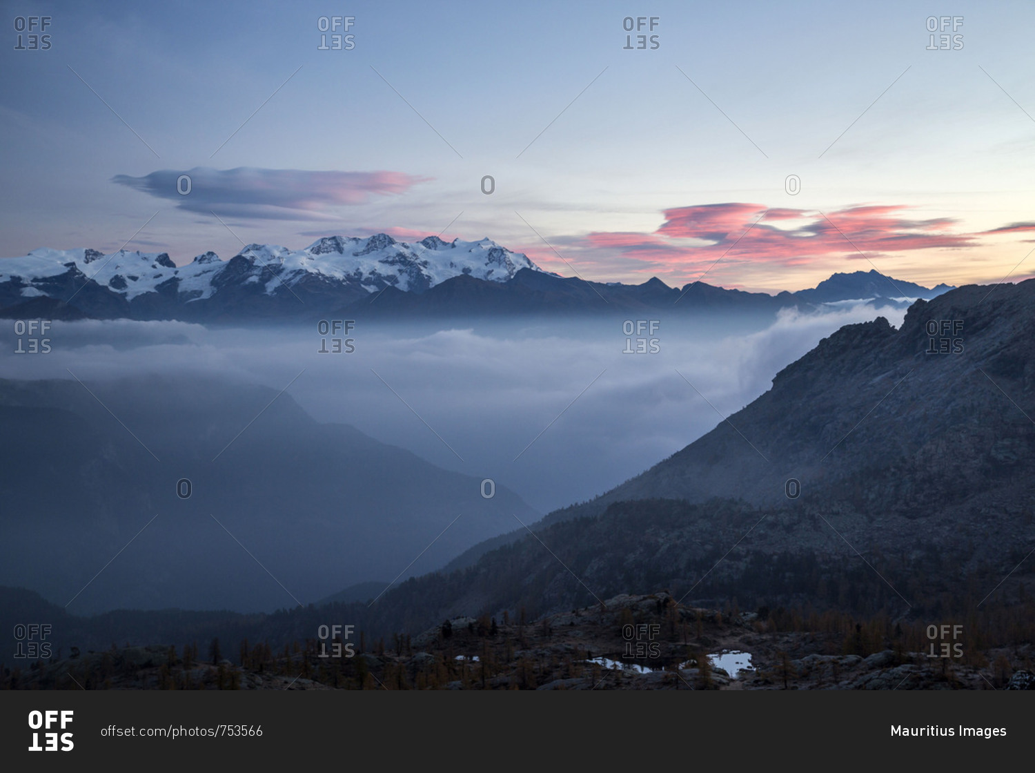Sunrise on Matterhorn and Mount Rosa. Natural Park of Mont Avic. Valle d\'Aosta Graian Alps Italy Europe