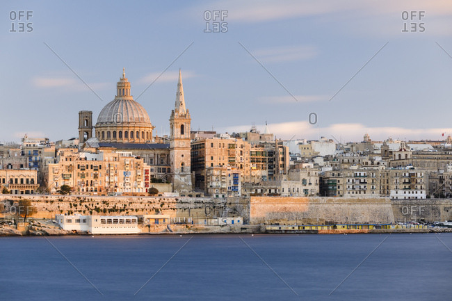October 27, 2017: Valletta city with St. Paul's Cathedral at sunset, Malta, Europe