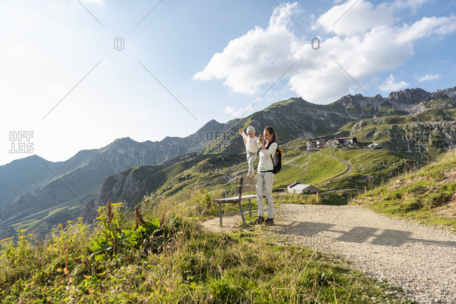 Germany- Bavaria- Oberstdorf- mother and little daughter on a hike in the mountains