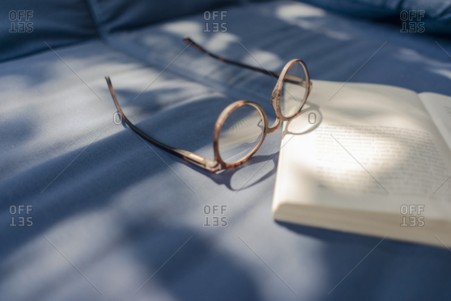 Eyeglasses and book lying on couch
