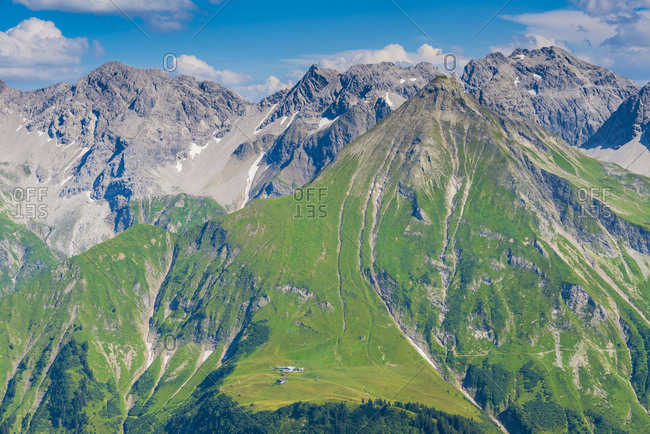 Germany- Bavaria- Allgaeu- Allgaeu Alps- panoramic view of Allgaeu main ridge from Krumbacher Hoehenweg