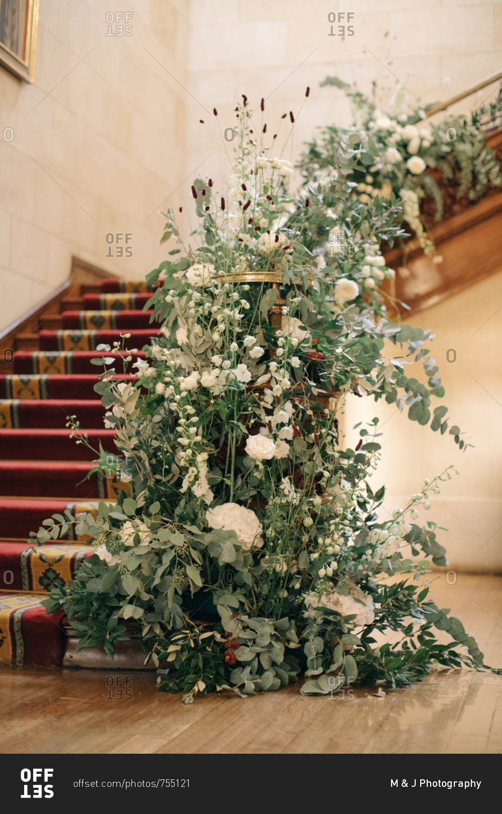 Wedding Floral Arrangement On Stair Railing Stock Photo OFFSET