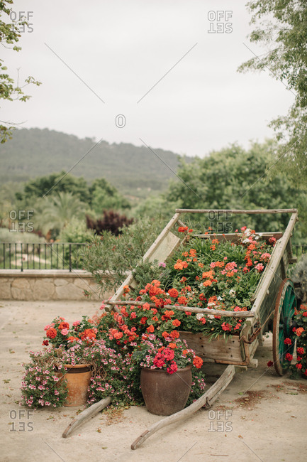Flower arrangement in a wooden cart