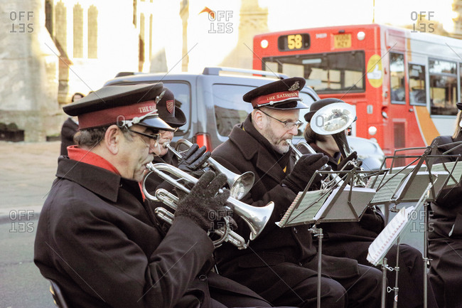 Cirencester, ENGLAND - December 13, 2014 : Salvation Army Brass Band playing outdoors