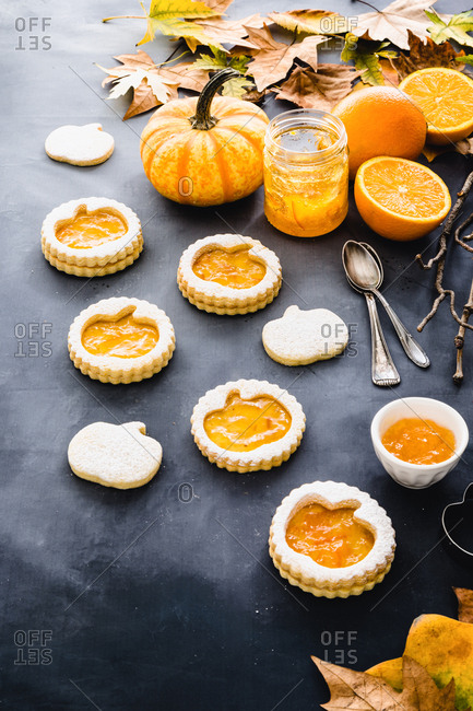 Halloween pumpkin cookies with orange jam