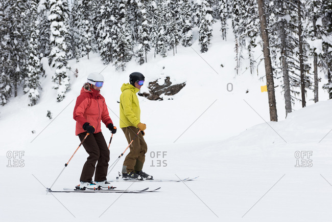 Skier couple skiing on snowy landscape during winter