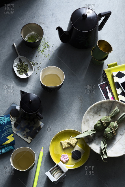 Tablescape with matcha green tea and Japanese treats