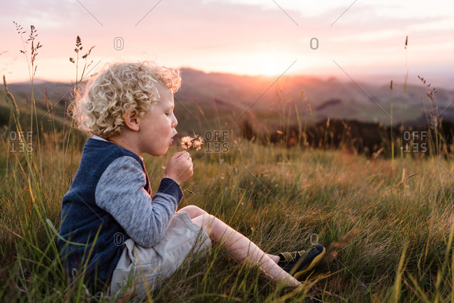 Young boy blowing a dandelion flower