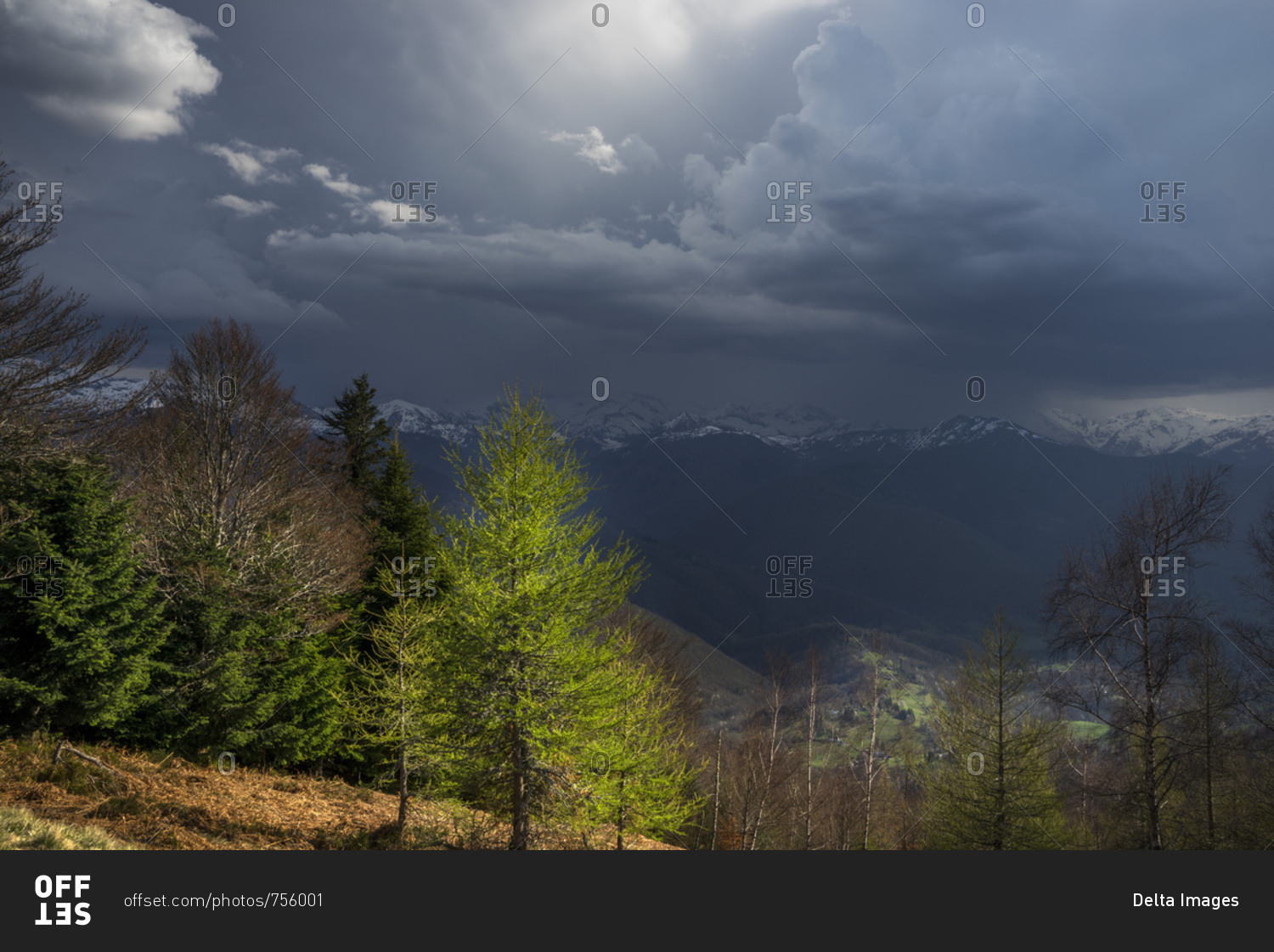 France, Ariege, view over Pyrenees Mountains from Col de la Crouzette, thunderstorm