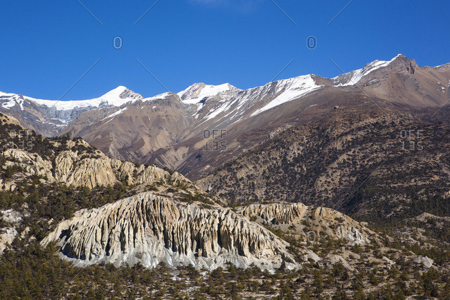 Snowy mountains and geological formation in Annapurnas, Nepal