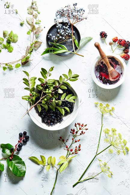Berries and herbs on white textured background