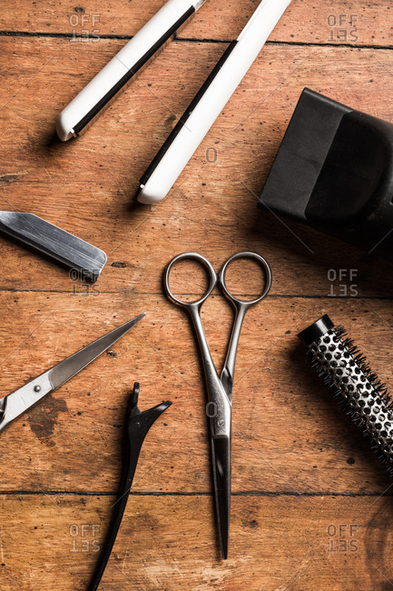 Overhead view of hair styling tools and equipment