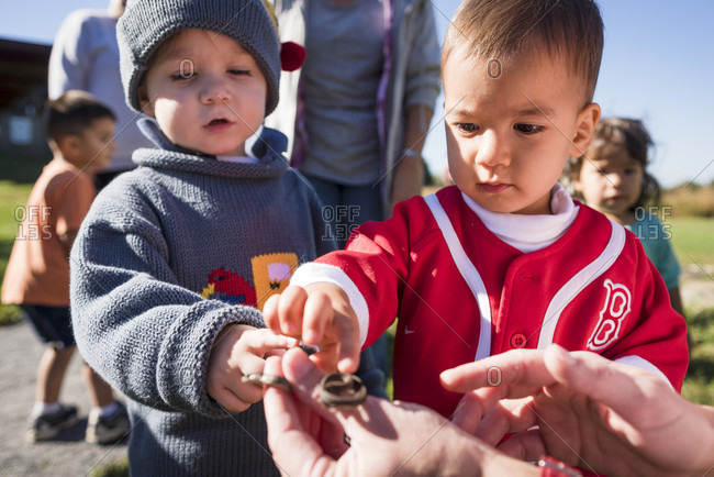 October 6, 2016: Young children learning about nature and the outdoors as part of an outdoor education program with Audubon Society, Bristol, Rhode Island, USA
