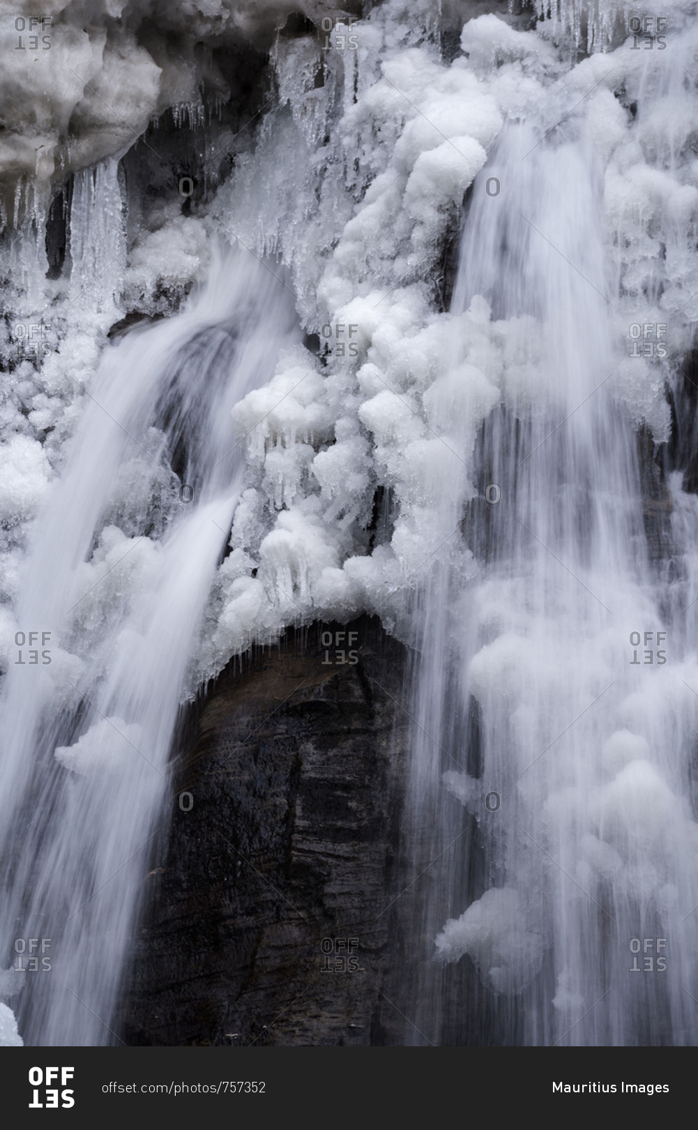 Water in a frozen waterfall.